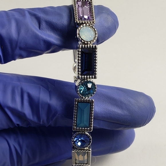 Colorful Crystal Geometric Stretch Bracelet Silver Dainty Rounds & Rectangles - Picture 6 of 10